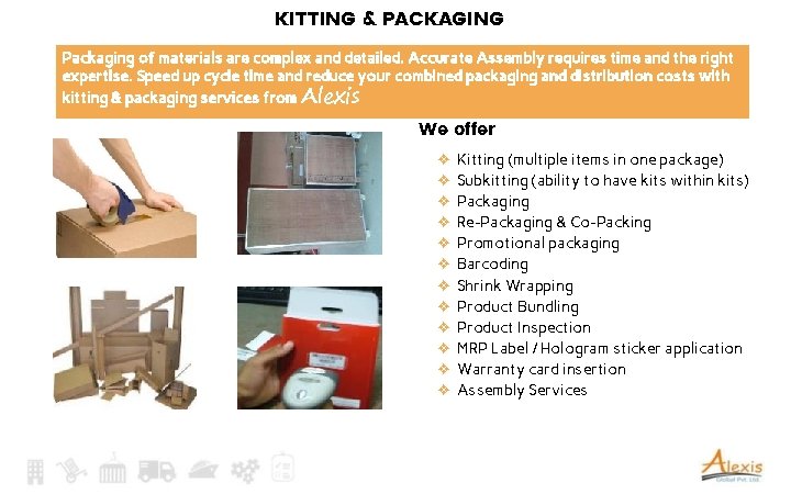 KITTING & PACKAGING Packaging of materials are complex and detailed. Accurate Assembly requires time