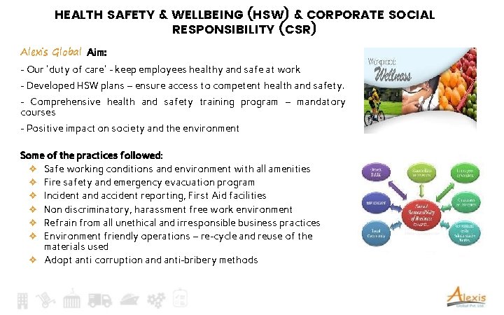 HEALTH SAFETY & WELLBEING (HSW) & CORPORATE SOCIAL RESPONSIBILITY (CSR) Alexis Global Aim: -