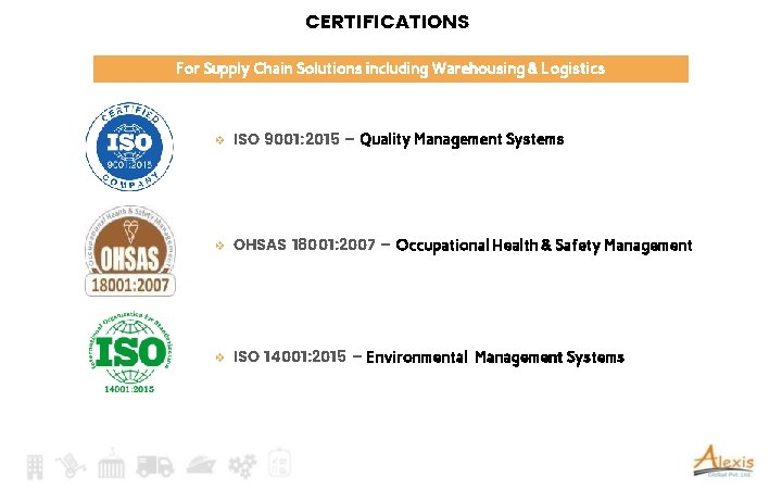 CERTIFICATIONS For Supply Chain Solutions including Warehousing & Logistics ❖ ISO 9001: 2015 –