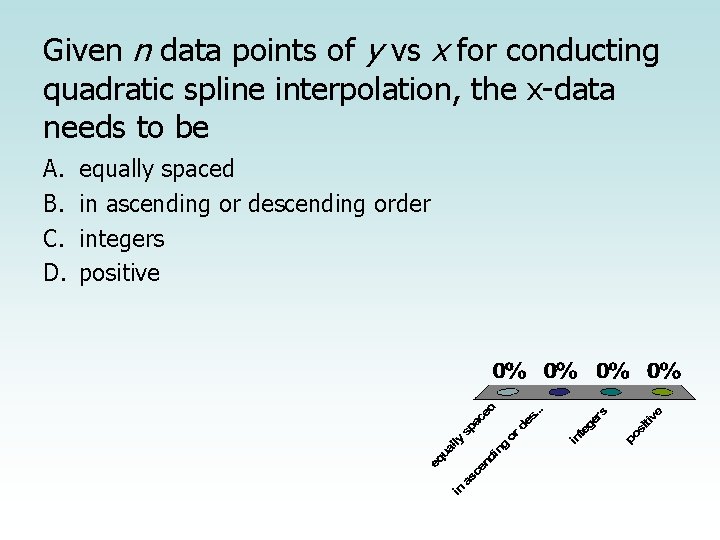 Given n data points of y vs x for conducting quadratic spline interpolation, the