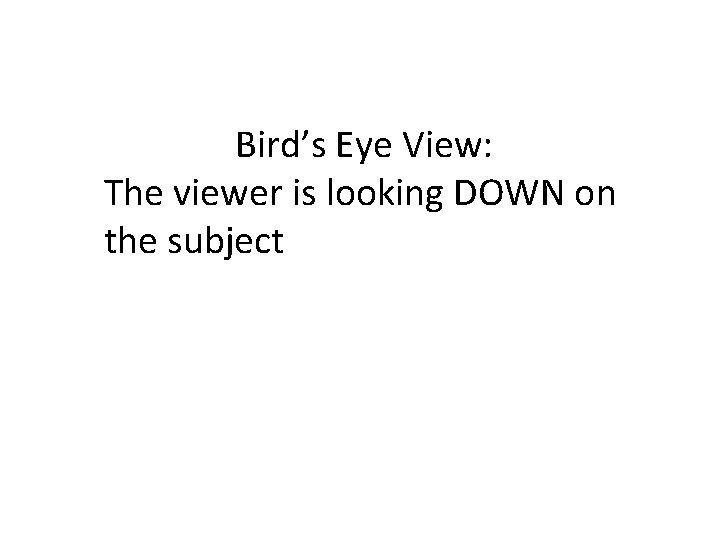 Bird’s Eye View: The viewer is looking DOWN on the subject 