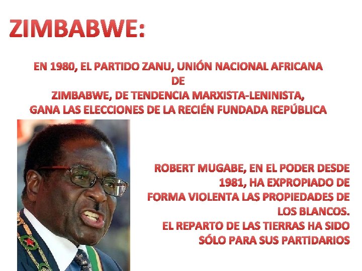 ZIMBABWE: EN 1980, EL PARTIDO ZANU, UNIÓN NACIONAL AFRICANA DE ZIMBABWE, DE TENDENCIA MARXISTA-LENINISTA,