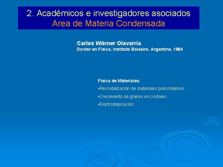 2. Académicos e investigadores asociados Area de Materia Condensada Carlos Wörner Olavarría Doctor en