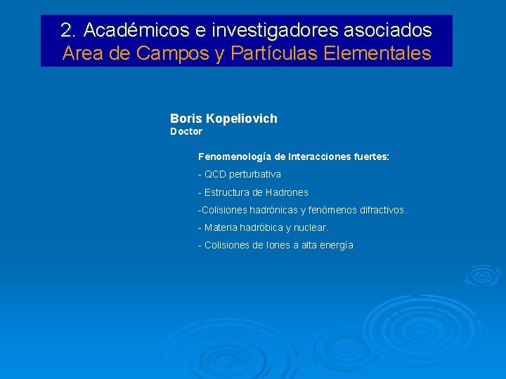 2. Académicos e investigadores asociados Area de Campos y Partículas Elementales Boris Kopeliovich Doctor