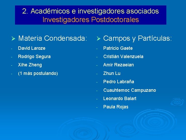 2. Académicos e investigadores asociados Investigadores Postdoctorales Ø Materia Condensada: Ø Campos y Partículas: