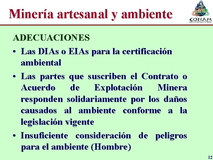 Minería artesanal y ambiente ADECUACIONES • Las DIAs o EIAs para la certificación ambiental