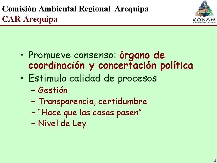 Comisión Ambiental Regional Arequipa CAR-Arequipa • Promueve consenso: órgano de coordinación y concertación política