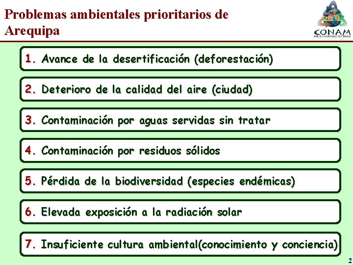 Problemas ambientales prioritarios de Arequipa 1. Avance de la desertificación (deforestación) 2. Deterioro de