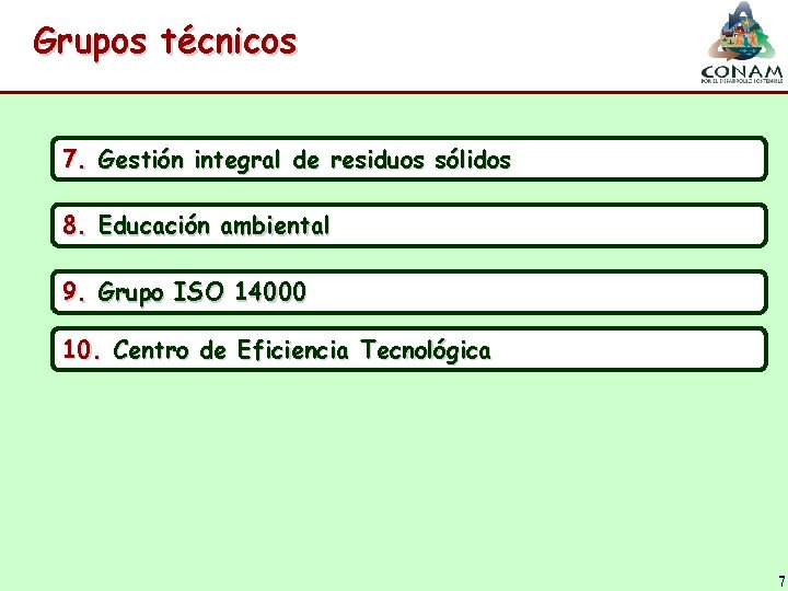 Grupos técnicos 7. Gestión integral de residuos sólidos 8. Educación ambiental 9. Grupo ISO