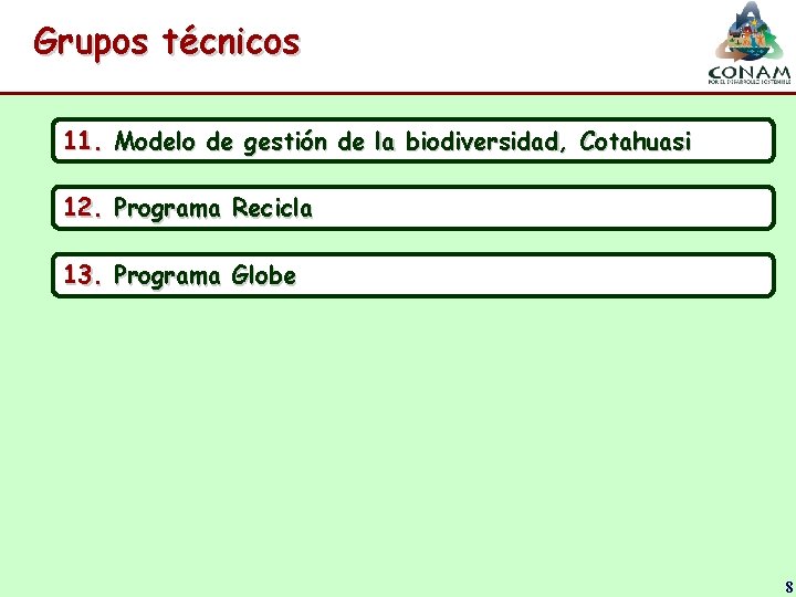 Grupos técnicos 11. Modelo de gestión de la biodiversidad, Cotahuasi 12. Programa Recicla 13.