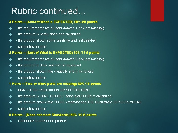 Rubric continued… 3 Points – (Almost What is EXPECTED) 80%/20 points · the requirements