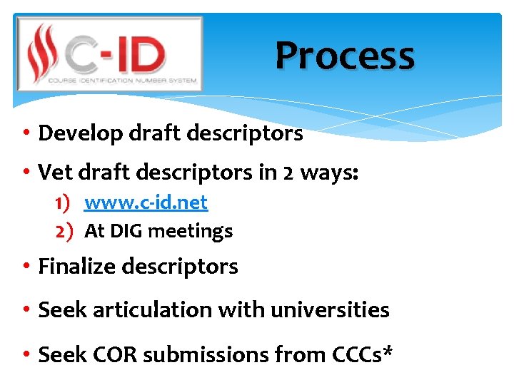 Process • Develop draft descriptors • Vet draft descriptors in 2 ways: 1) www.