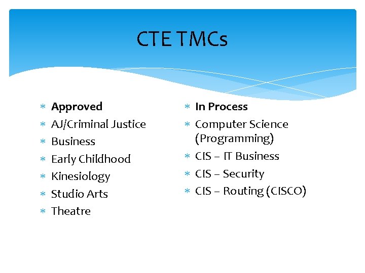 CTE TMCs Approved AJ/Criminal Justice Business Early Childhood Kinesiology Studio Arts Theatre In Process