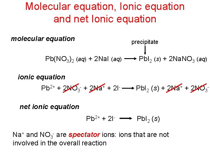 Molecular equation, Ionic equation and net Ionic equation molecular equation precipitate Pb(NO 3)2 (aq)