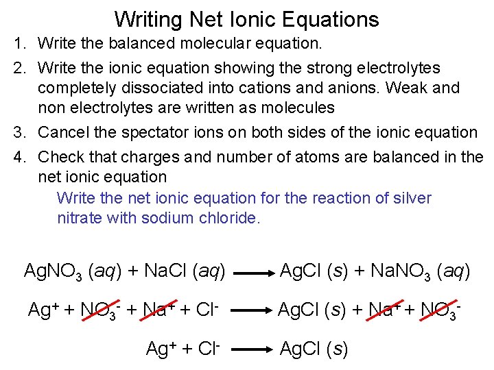 Writing Net Ionic Equations 1. Write the balanced molecular equation. 2. Write the ionic