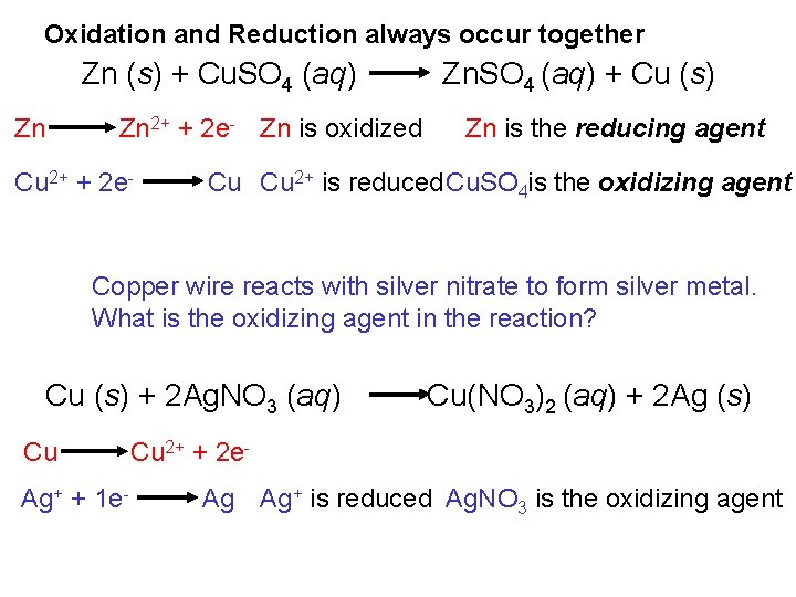Oxidation and Reduction always occur together Zn (s) + Cu. SO 4 (aq) Zn