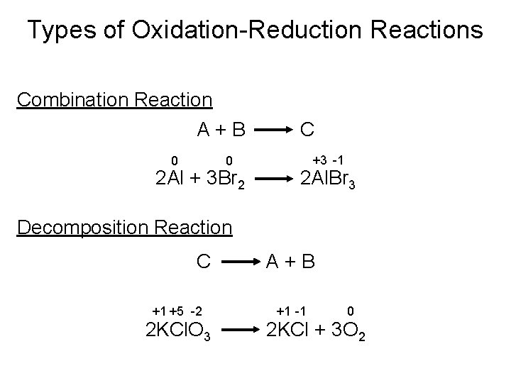 Types of Oxidation-Reduction Reactions Combination Reaction A+B 0 0 2 Al + 3 Br