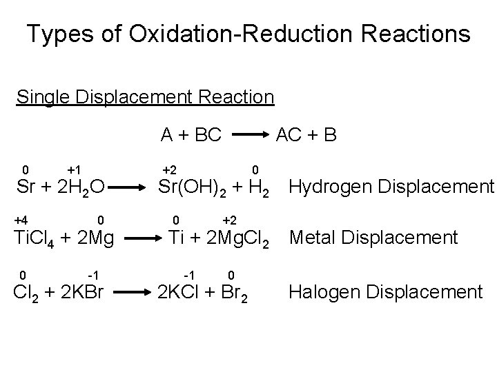 Types of Oxidation-Reduction Reactions Single Displacement Reaction A + BC 0 +1 Sr +