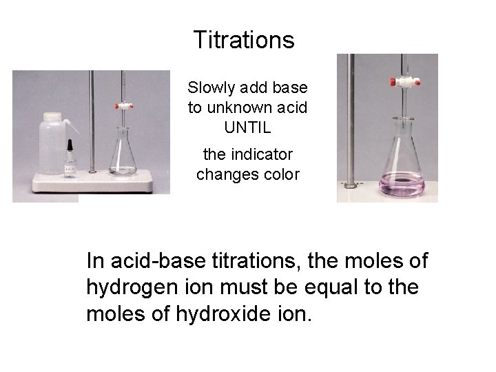 Titrations Slowly add base to unknown acid UNTIL the indicator changes color In acid-base