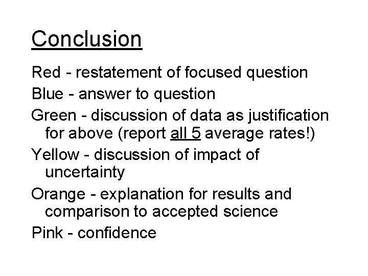 Conclusion Red - restatement of focused question Blue - answer to question Green -