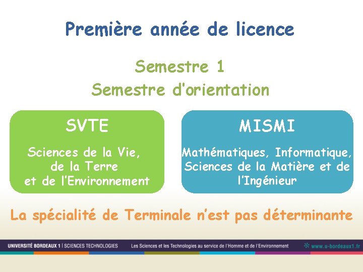 Première année de licence Semestre 1 Semestre d’orientation SVTE MISMI Sciences de la Vie,