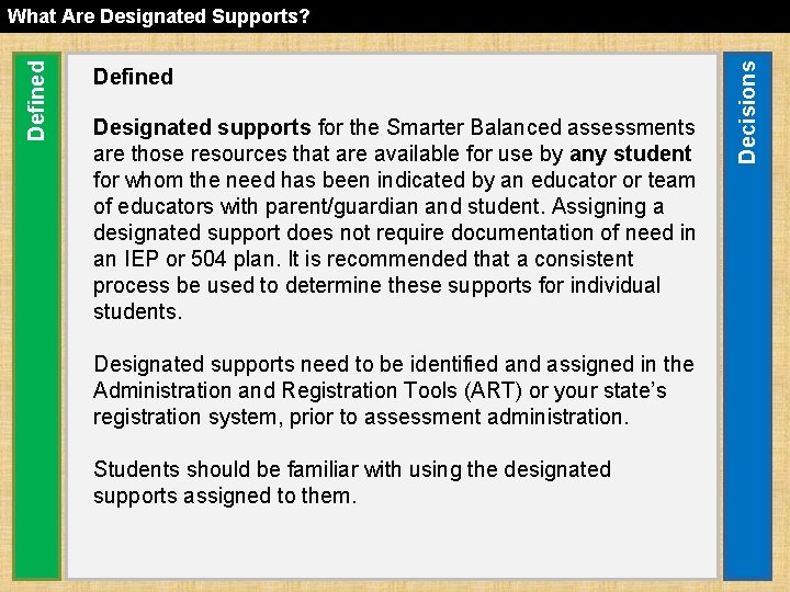 Defined Designated supports for the Smarter Balanced assessments are those resources that are available