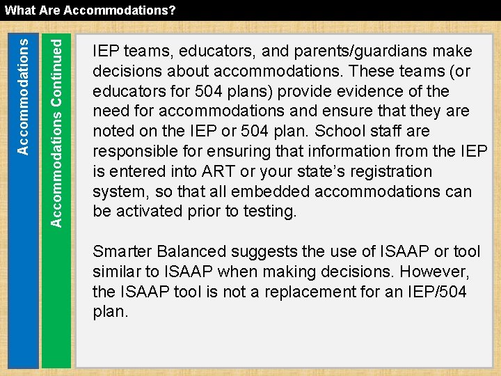 Accommodations Continued Accommodations What Are Accommodations? IEP teams, educators, and parents/guardians make decisions about