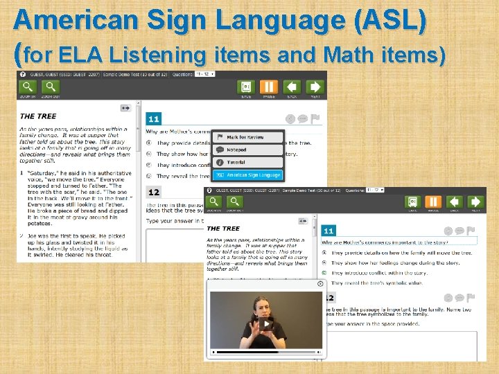 American Sign Language (ASL) (for ELA Listening items and Math items) 