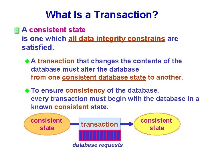 What Is a Transaction? 4 A consistent state is one which all data integrity
