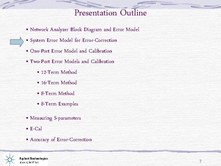 Presentation Outline • Network Analyzer Block Diagram and Error Model • System Error Model