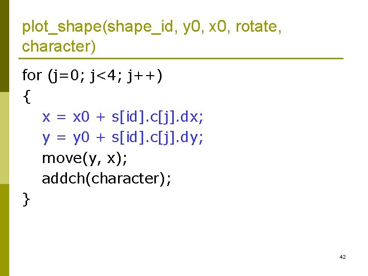 plot_shape(shape_id, y 0, x 0, rotate, character) for (j=0; j<4; j++) { x = plot_shape(shape_id, y 0, x 0, rotate, character) for (j=0; j<4; j++) { x =