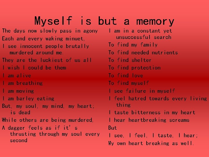 Myself is but a memory The days now slowly pass in agony Each and