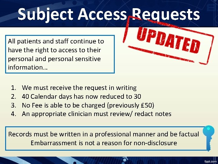 Subject Access Requests All patients and staff continue to have the right to access