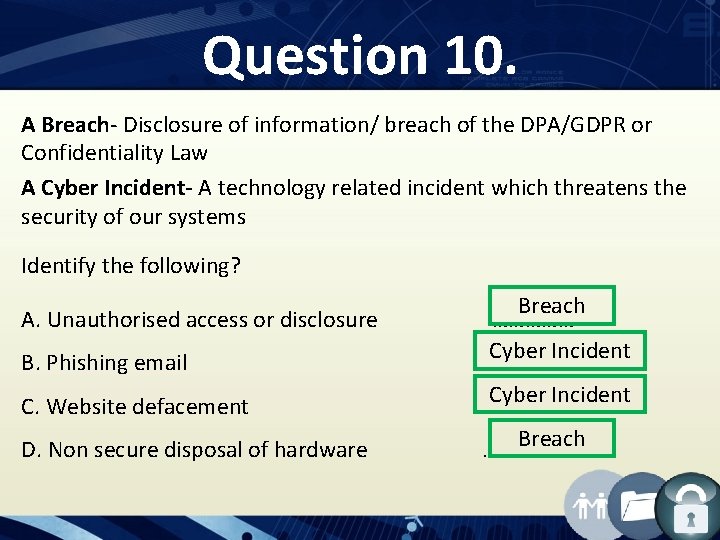 Question 10. A Breach- Disclosure of information/ breach of the DPA/GDPR or Confidentiality Law