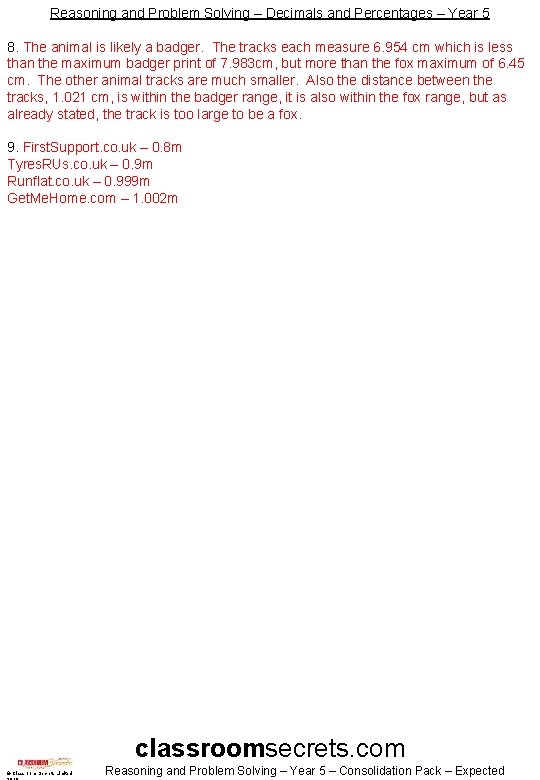 Reasoning and Problem Solving – Decimals and Percentages – Year 5 8. The animal