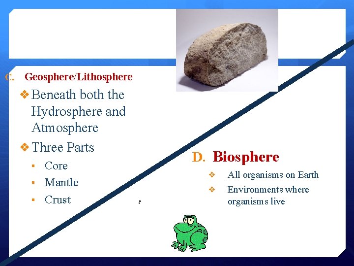 C. Geosphere/Lithosphere ❖ Beneath both the Hydrosphere and Atmosphere ❖ Three Parts ▪ Core