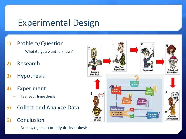 Experimental Design Problem/Question 1) What do you want to know? 2) Research 3) Hypothesis