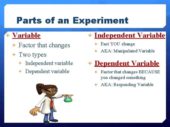 Parts of an Experiment + Variable + Factor that changes + Two types +