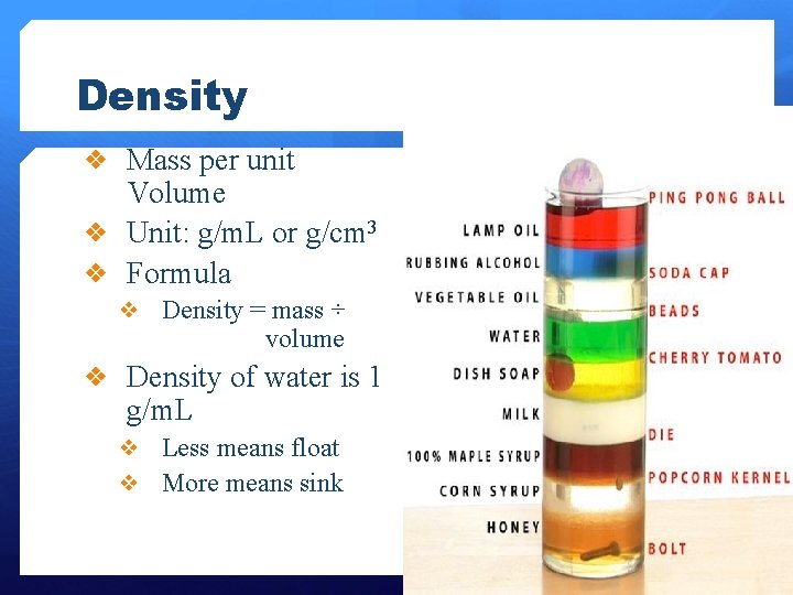 Density ❖ Mass per unit Volume ❖ Unit: g/m. L or g/cm 3 ❖
