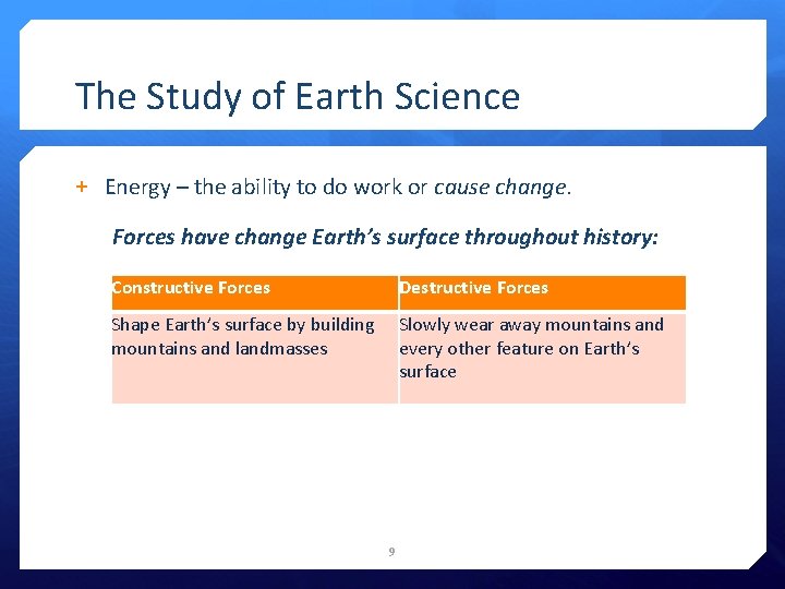 The Study of Earth Science + Energy – the ability to do work or