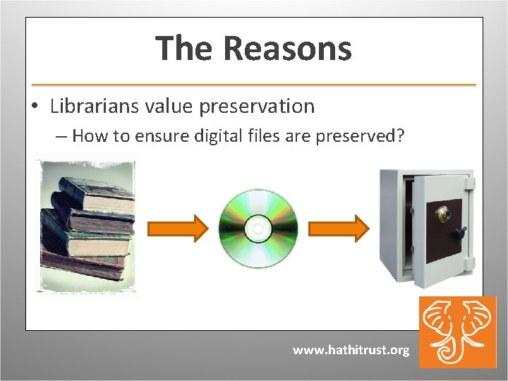 The Reasons • Librarians value preservation – How to ensure digital files are preserved?