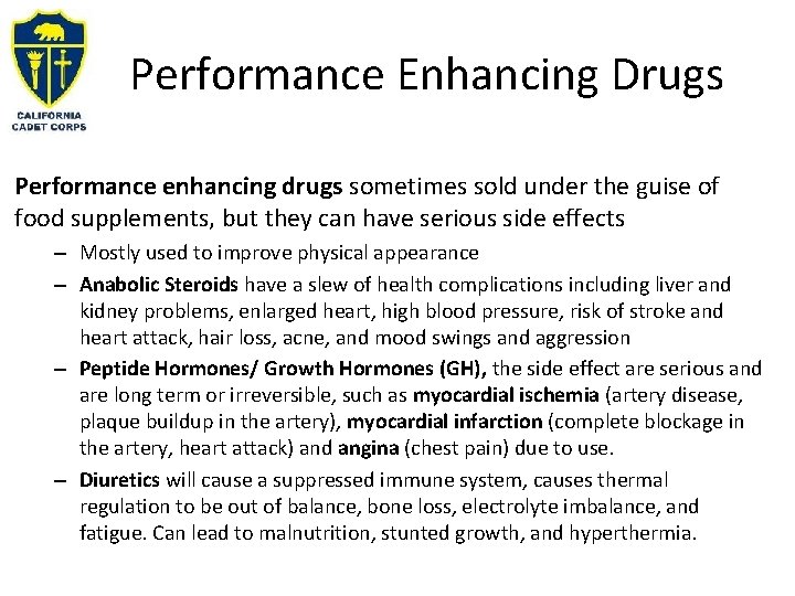 Performance Enhancing Drugs Performance enhancing drugs sometimes sold under the guise of food supplements,