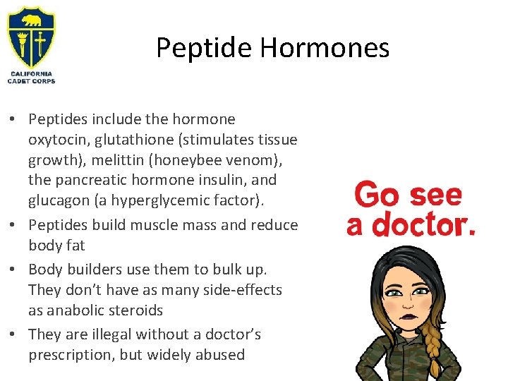 Peptide Hormones • Peptides include the hormone oxytocin, glutathione (stimulates tissue growth), melittin (honeybee