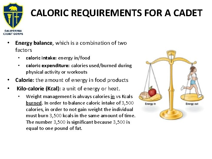 CALORIC REQUIREMENTS FOR A CADET • Energy balance, which is a combination of two