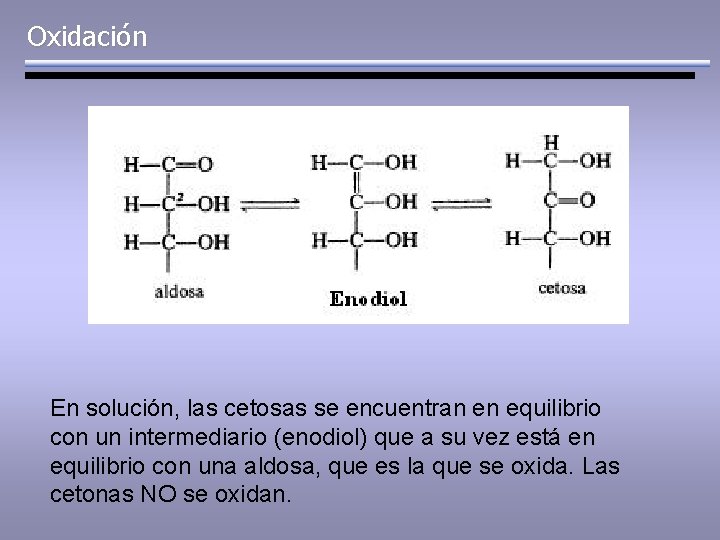 Oxidación En solución, las cetosas se encuentran en equilibrio con un intermediario (enodiol) que