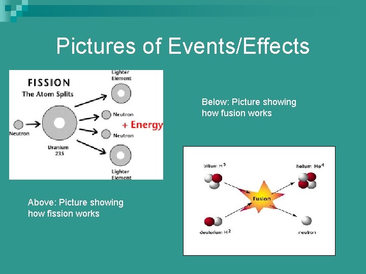 Pictures of Events/Effects Below: Picture showing how fusion works Above: Picture showing how fission