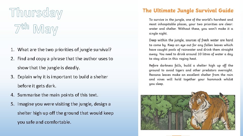 Thursday th 7 May 1. What are the two priorities of jungle survival? 2.