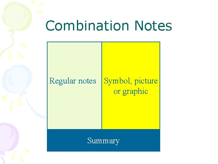 Combination Notes Regular notes Symbol, picture or graphic Summary 