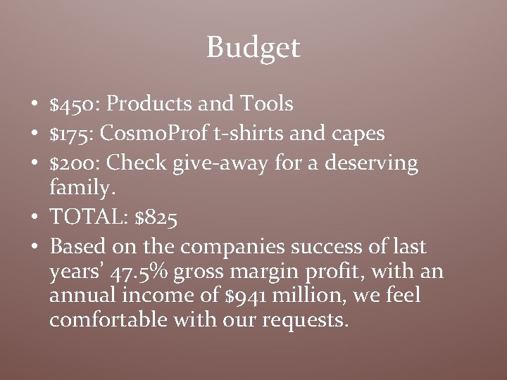 Budget • $450: Products and Tools • $175: Cosmo. Prof t-shirts and capes •