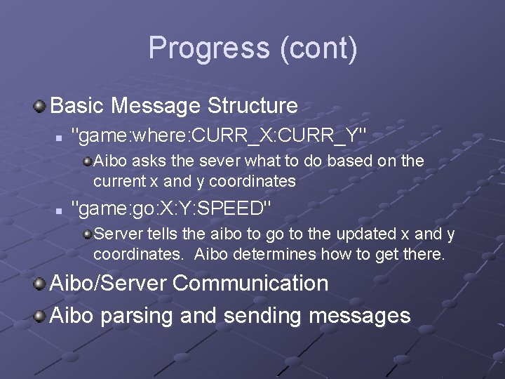 Progress (cont) Basic Message Structure n "game: where: CURR_X: CURR_Y" Aibo asks the sever